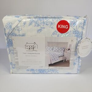 R Ashwell Farmhouse Shabby Chic KING Sheets Set Blue White Butterfly Cotton 4pc
